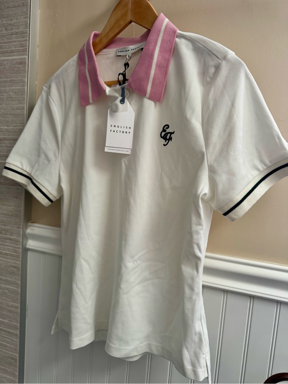 English Factory White Polo with Pink Stripe Collar and Green  Trim - Picture 2 of 2